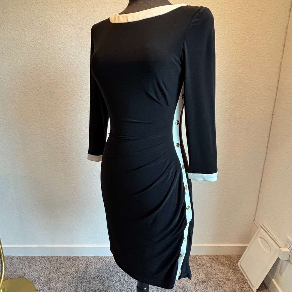 Lauren Ralph Lauren Black Cream Ruched Sheath Dress Gold Button Trim 3/4 Sleeve